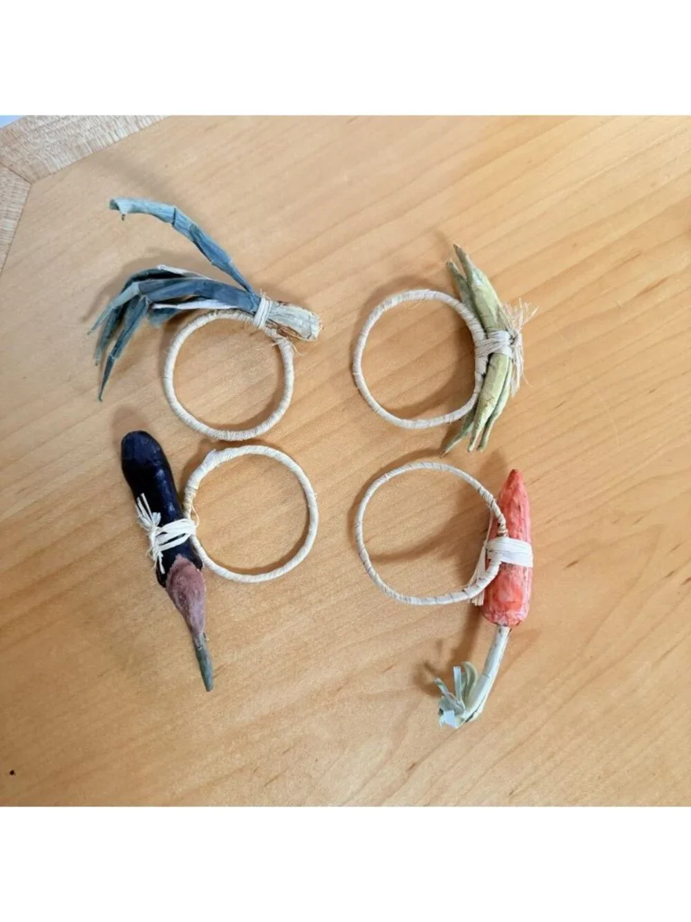 Set Four Napkin Rings Carrots Vegetables Onions Eggplant Pepper Farmhouse Picnic